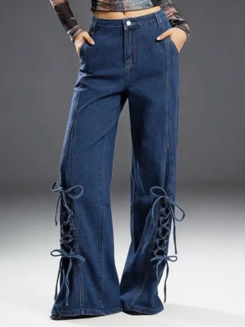 Dark Blue Lace-Up Wide Leg Women’s Jeans